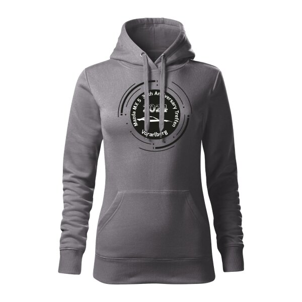 HOODIE ♀ | ANNIVERSARY TREFFEN 2024 | M | STAHLGRAU | VORDERSEITE | MAZDA/MX5